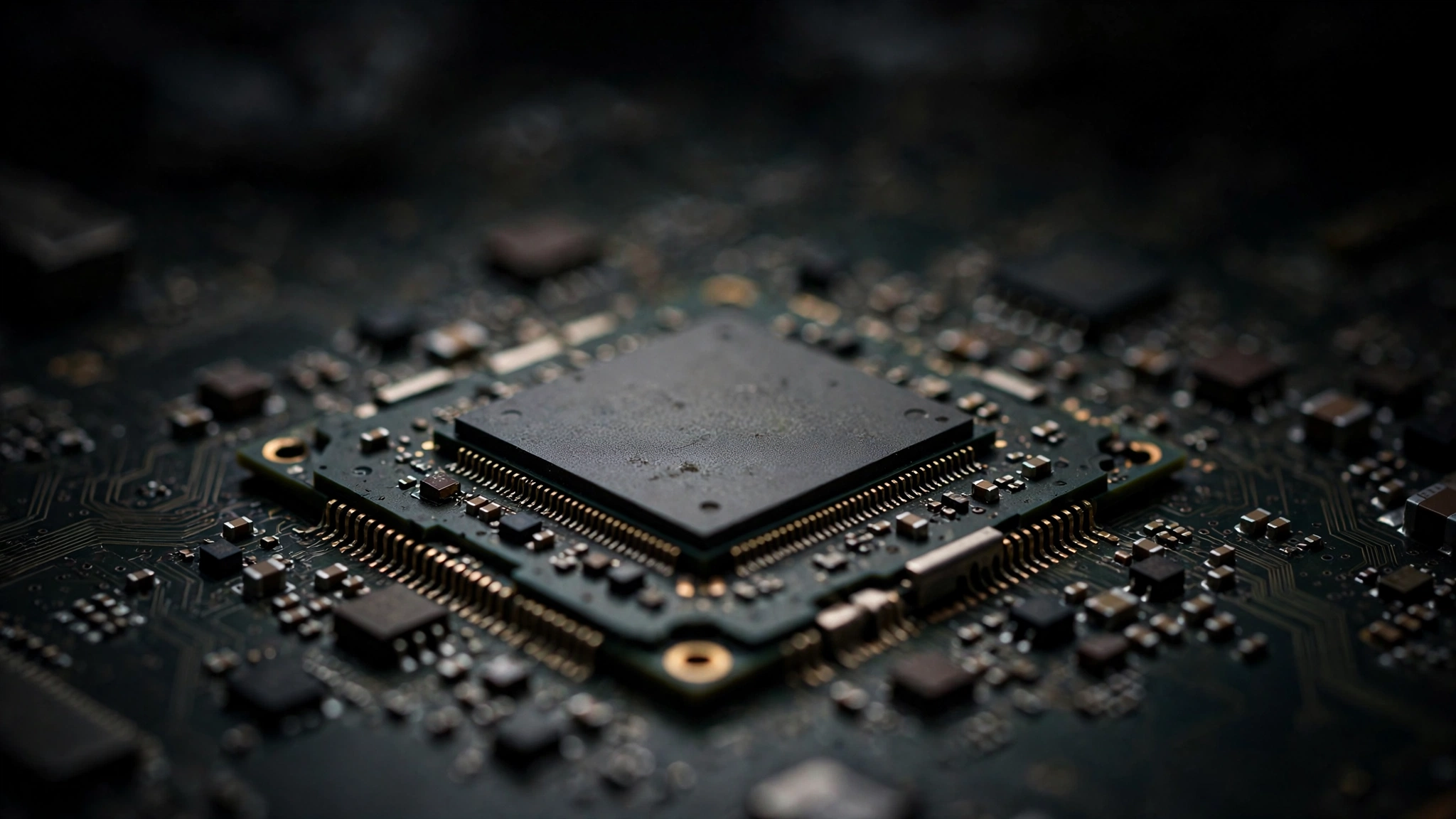A close-up macro photograph of a computer processor chip on a dark circuit board