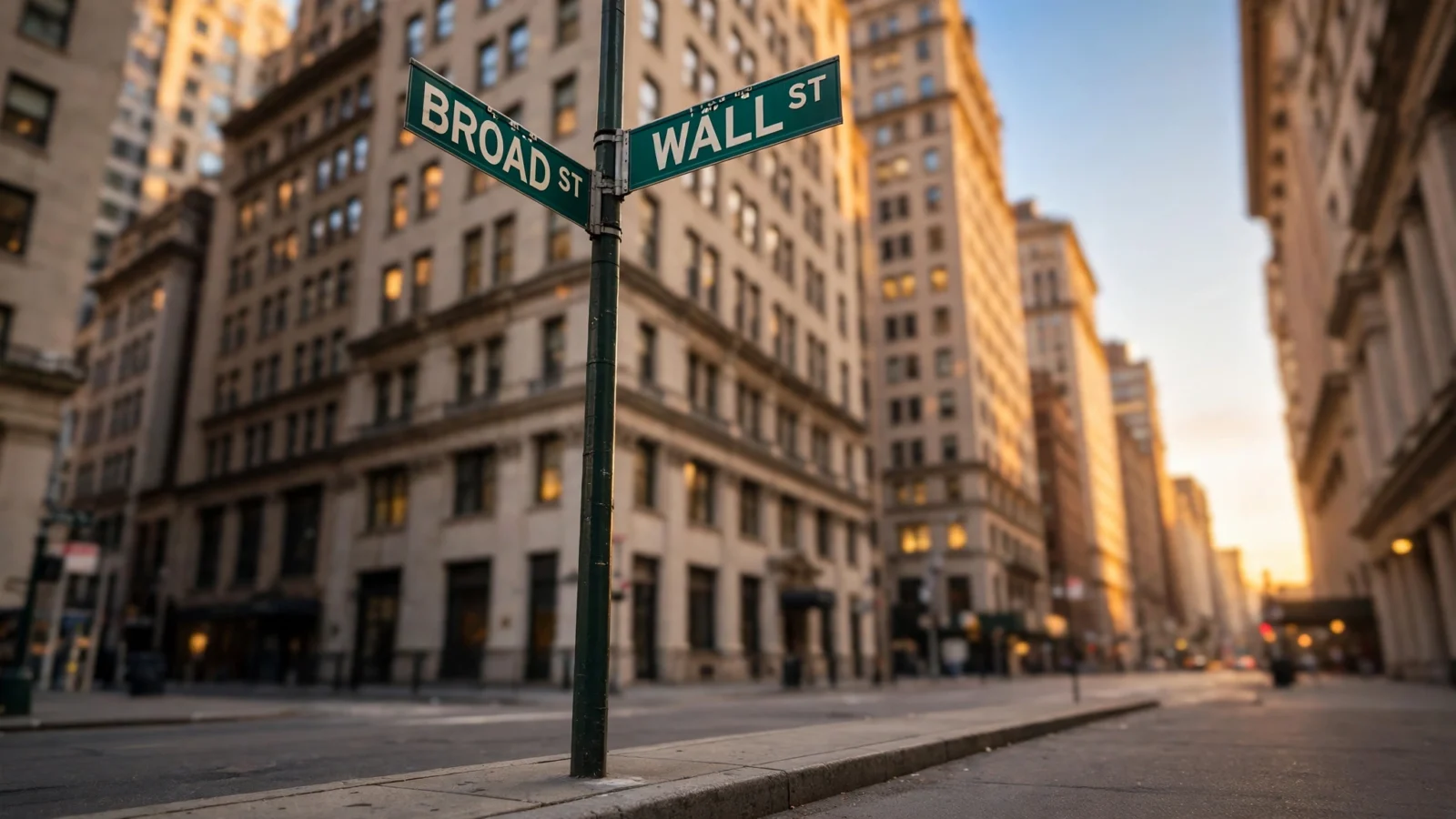 A green street sign reading Wall Street and Broad Street in front of buildings in New York City's financial district at sunset