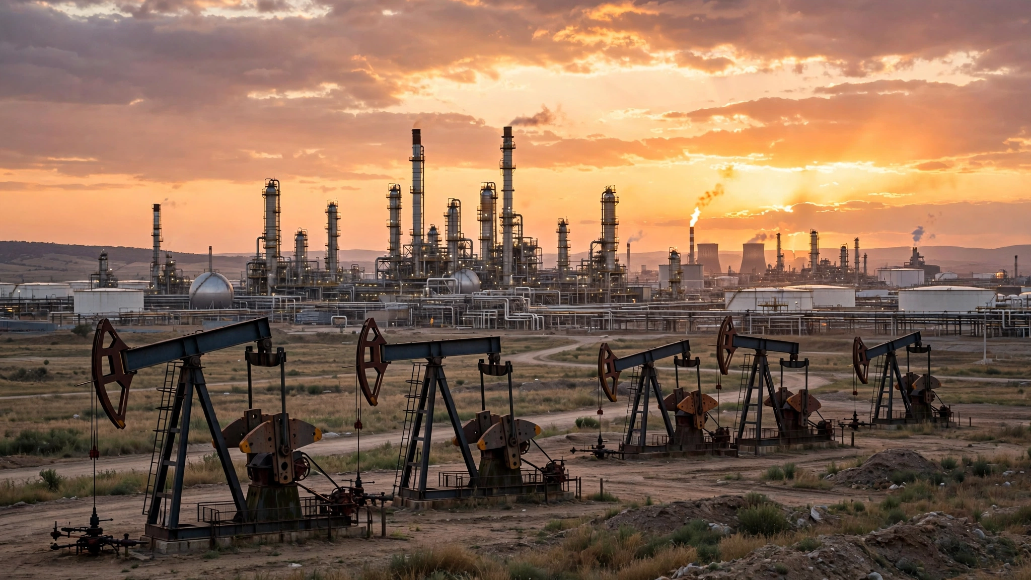 Oil pumpjacks and refinery towers silhouetted against an orange sunset sky