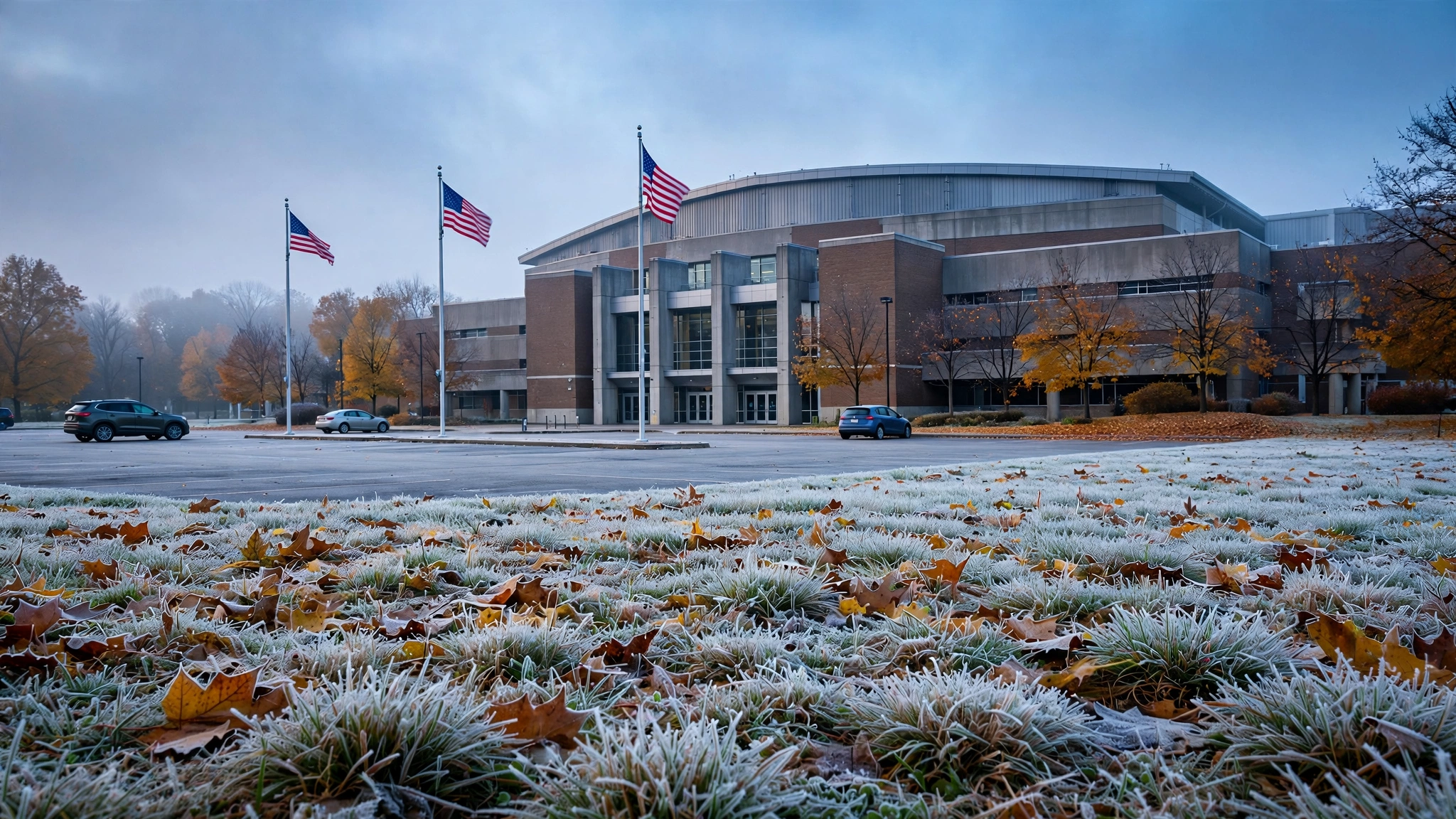 A university sports arena building on a frosty autumn morning with American flags on flagpoles and mostly empty parking spaces