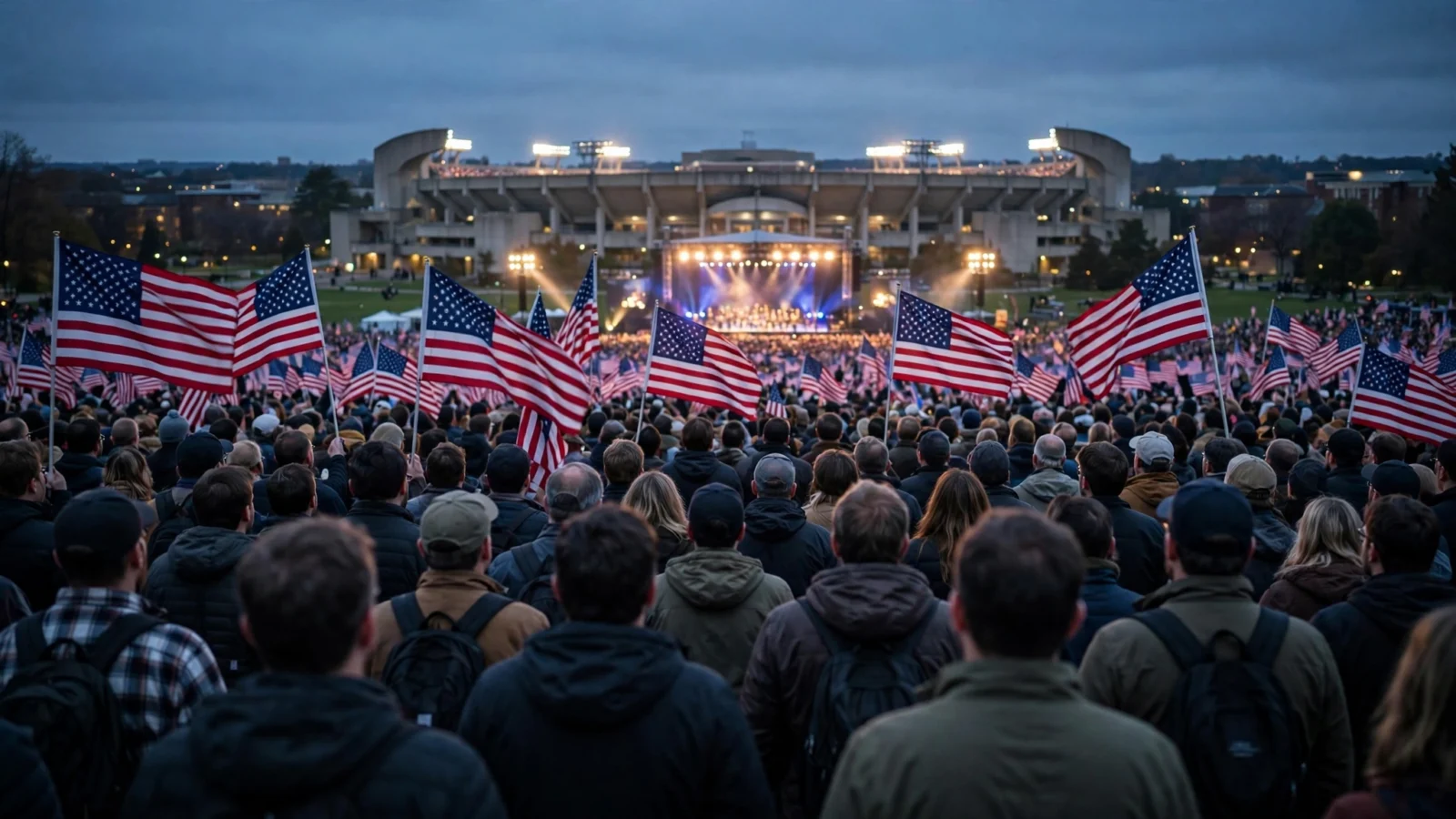 Crowd of people seen from behind holding American flags at an outdoor political rally facing a lit stage at dusk