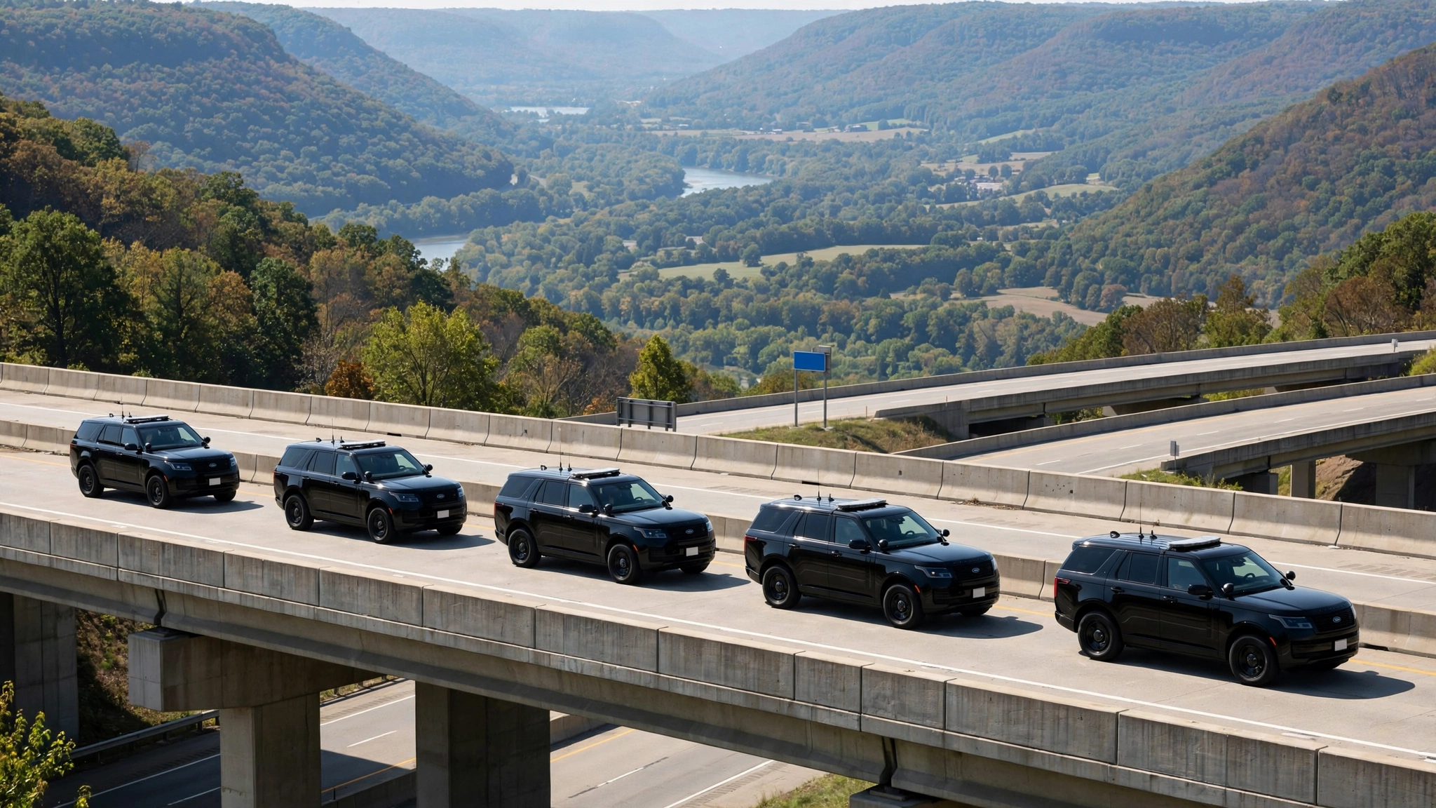 A convoy of black SUVs traveling on an interstate highway overpass through forested hills