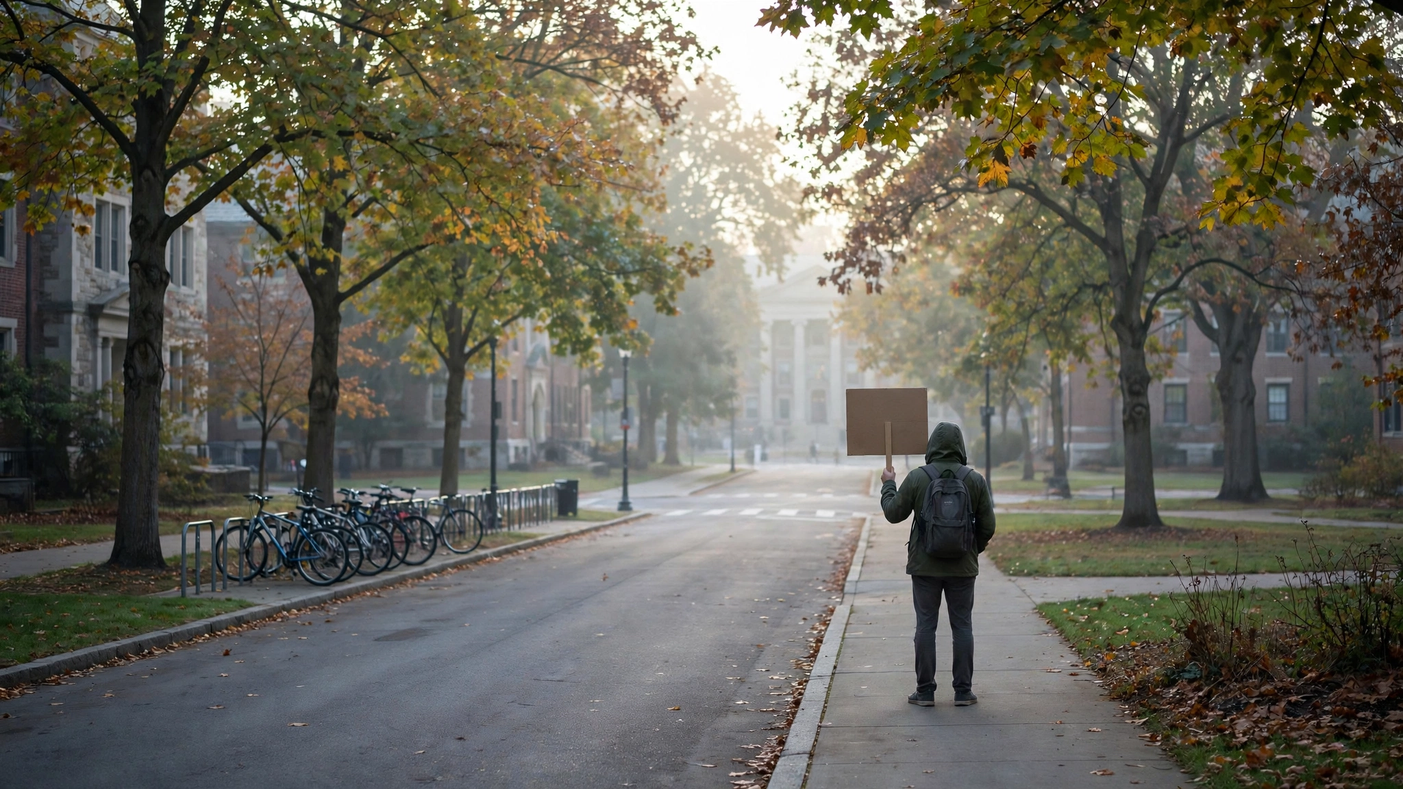 An anonymous person in a hooded jacket holding a blank cardboard sign on a university campus sidewalk in autumn