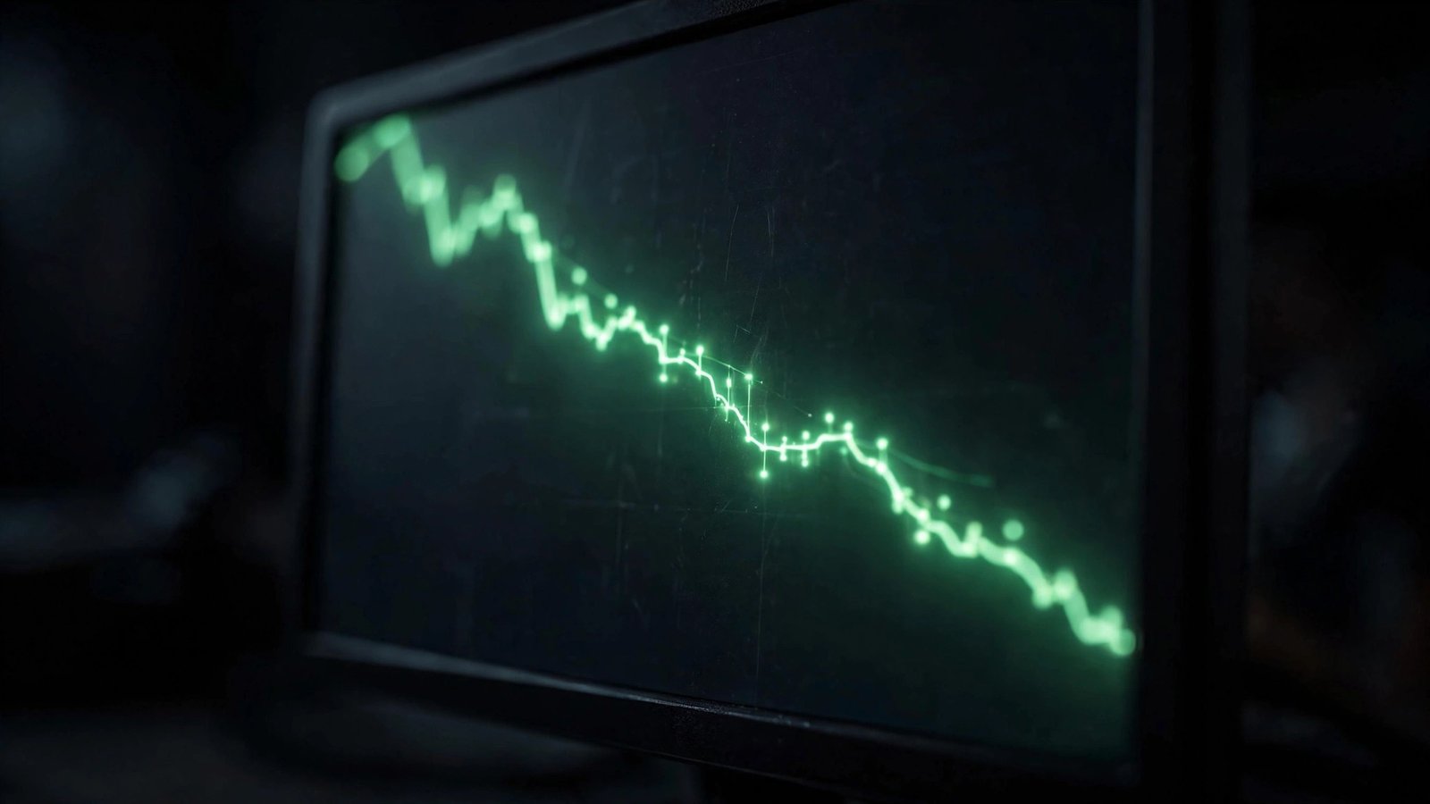 A stock market chart trending downward on a dark computer monitor