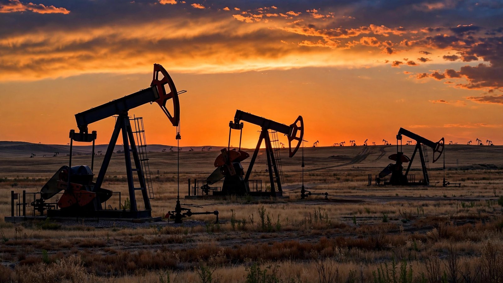 Oil pumpjacks silhouetted against an orange sunset sky