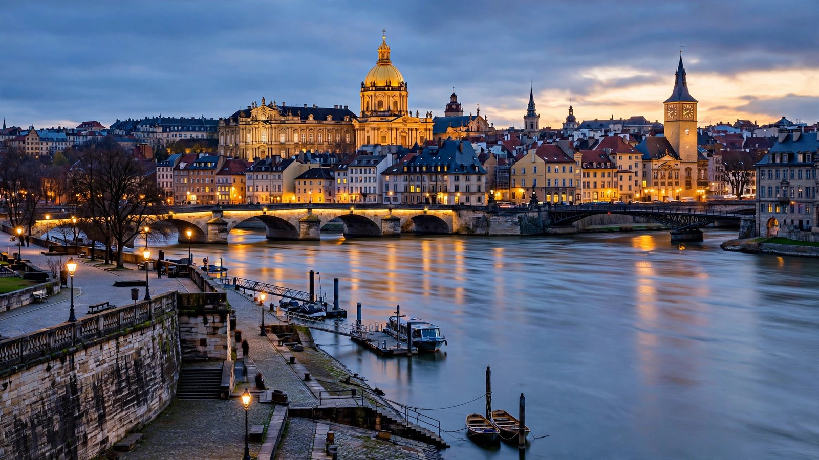 A European city skyline at dusk with a golden-domed cathedral, a river and historic bridges