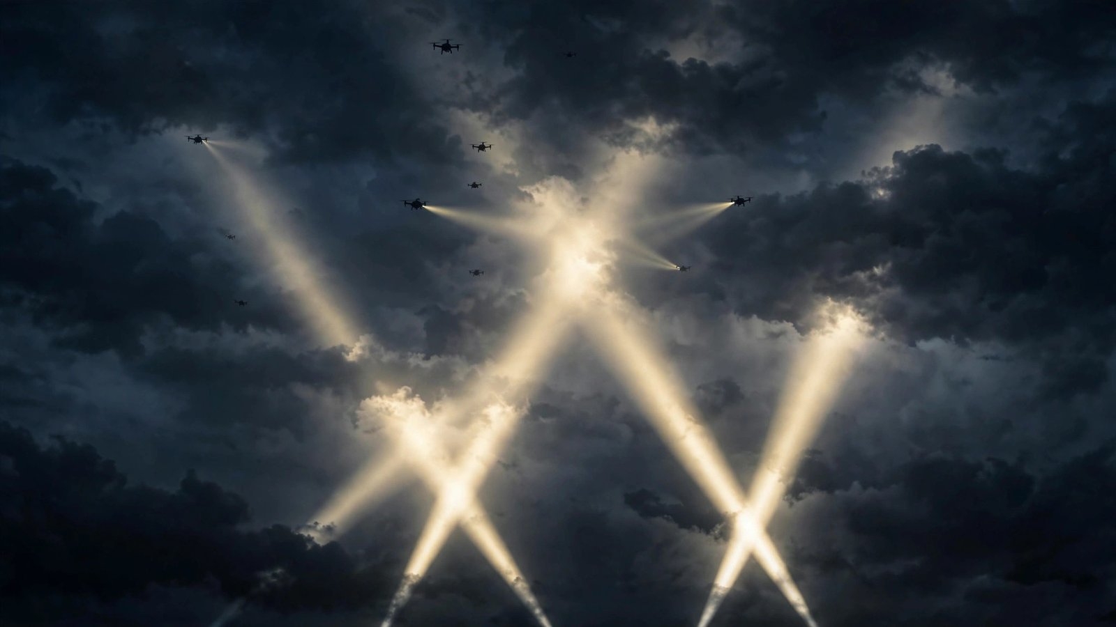 Distant drones silhouetted in a cloudy night sky crossed by searchlight beams