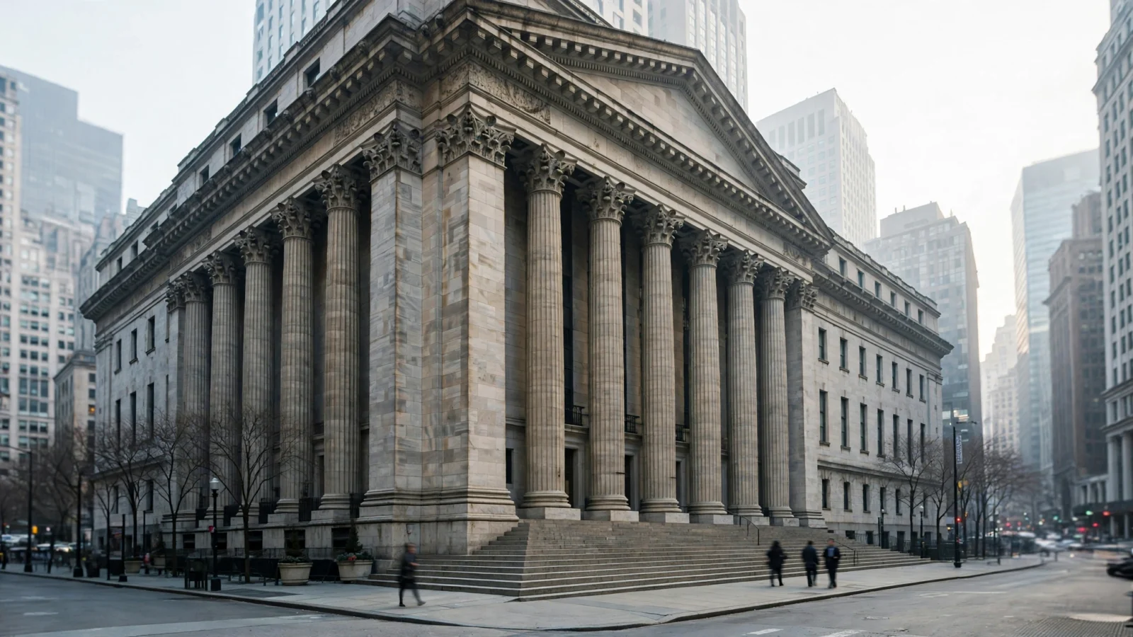 A stock exchange building facade with tall columns in a financial district