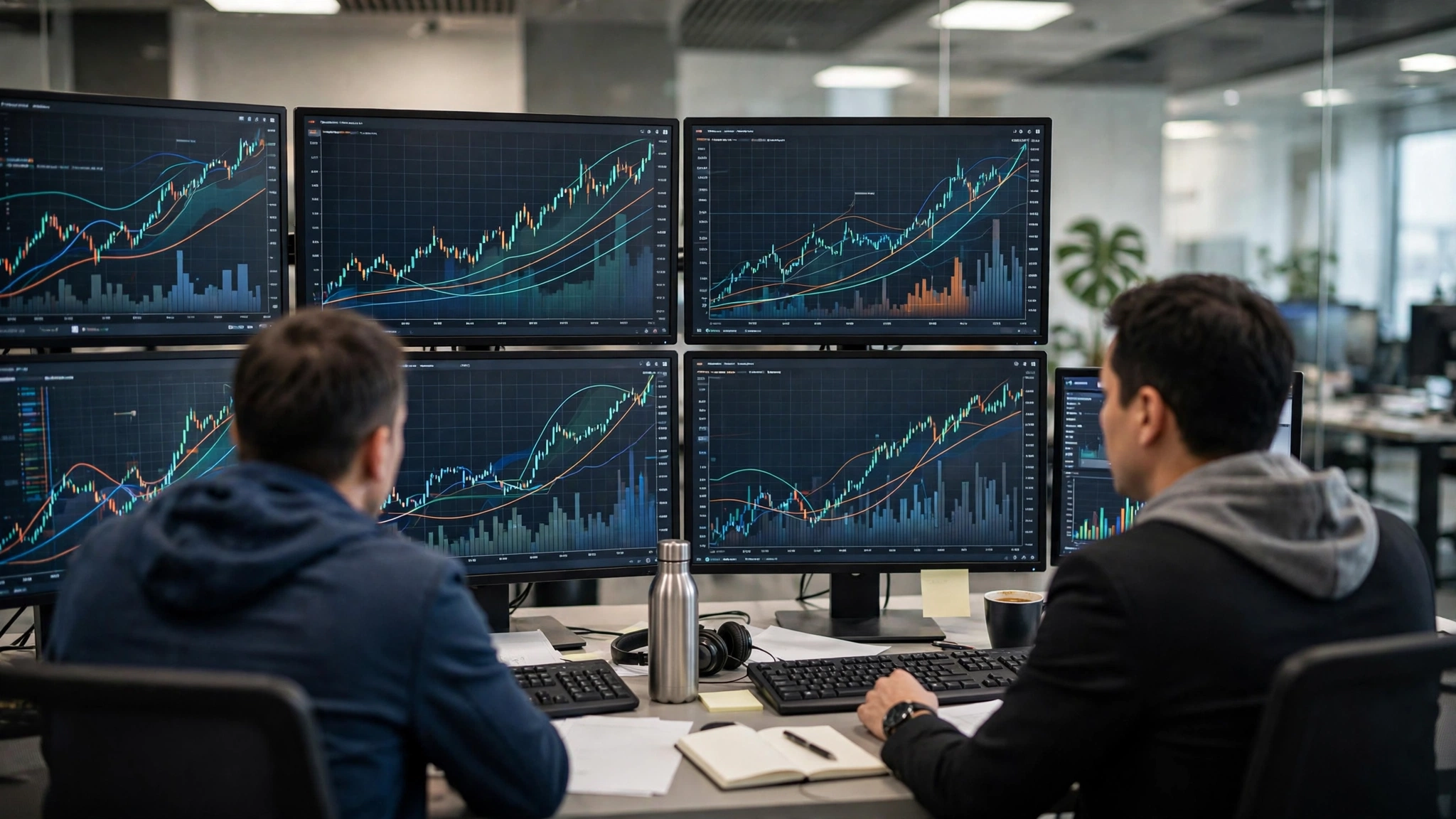 Two traders at a desk with monitors showing financial charts with rising lines
