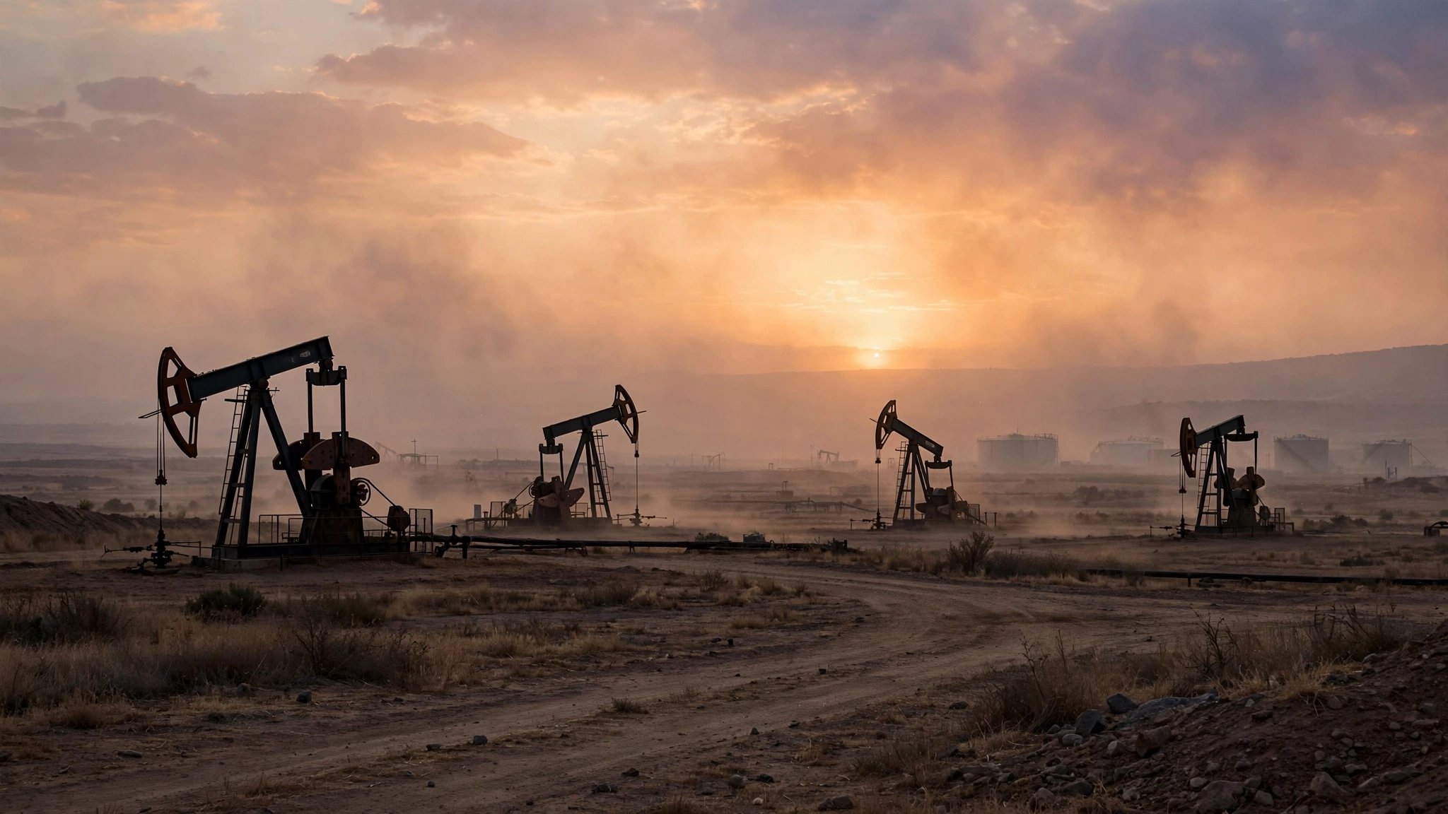Oil pumpjacks silhouetted against a hazy sunset sky on an oil field