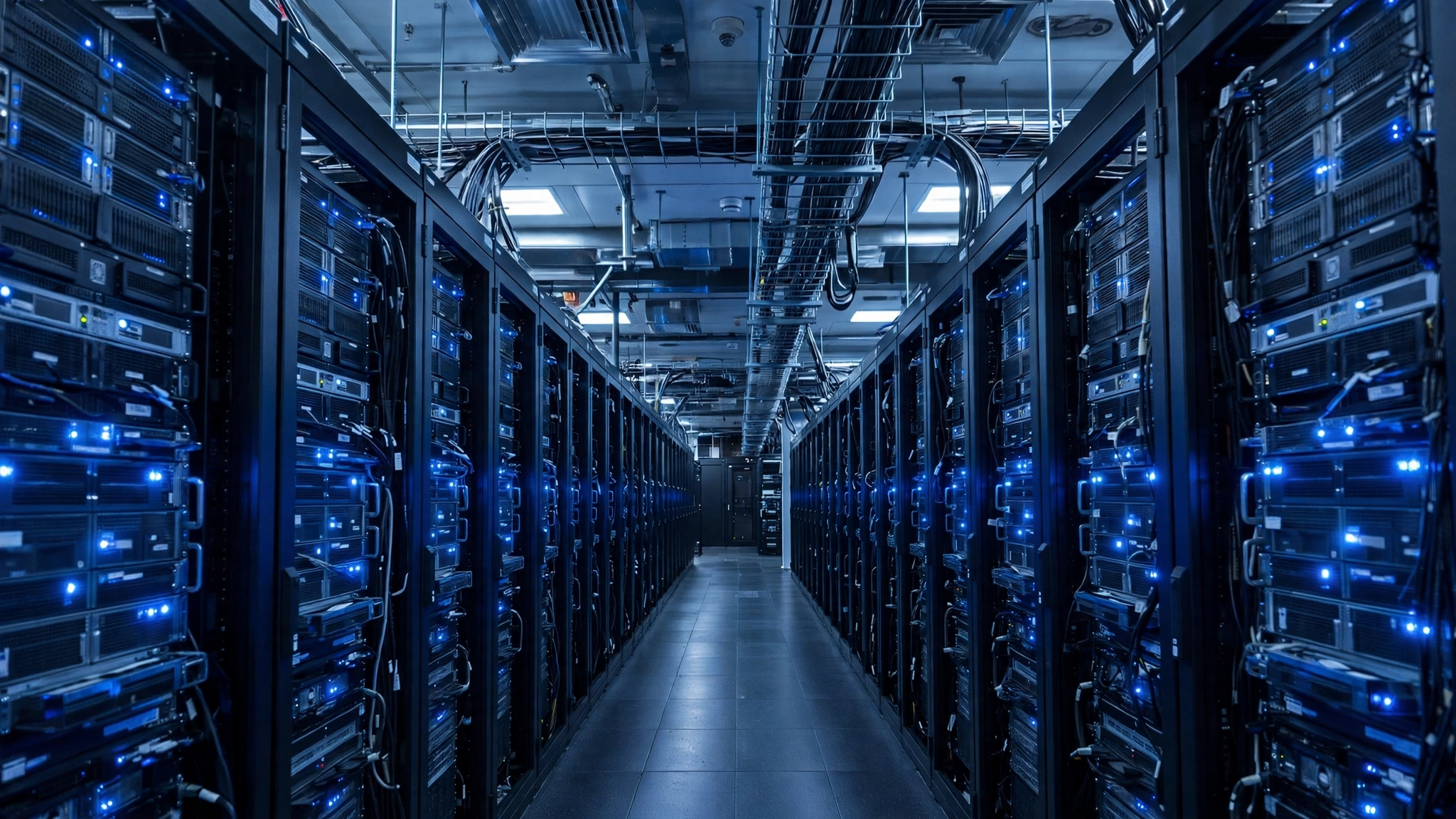 A long corridor between rows of server racks with blue lights in a data center