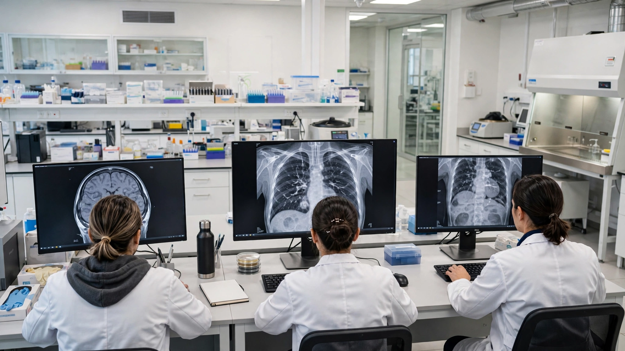 Researchers in white coats working at computer monitors in a modern medical laboratory.