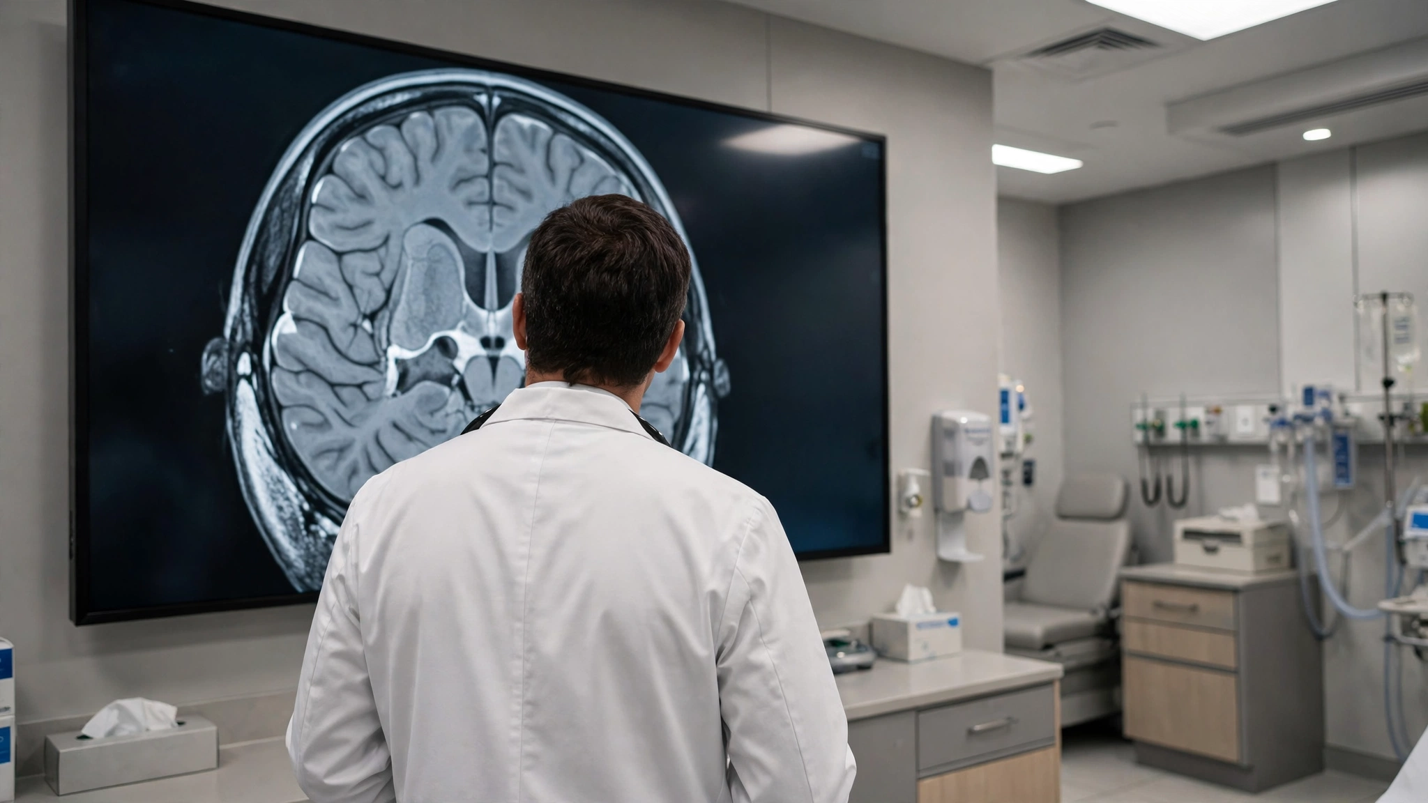A doctor viewed from behind studying a medical scan on a large display in a hospital room.