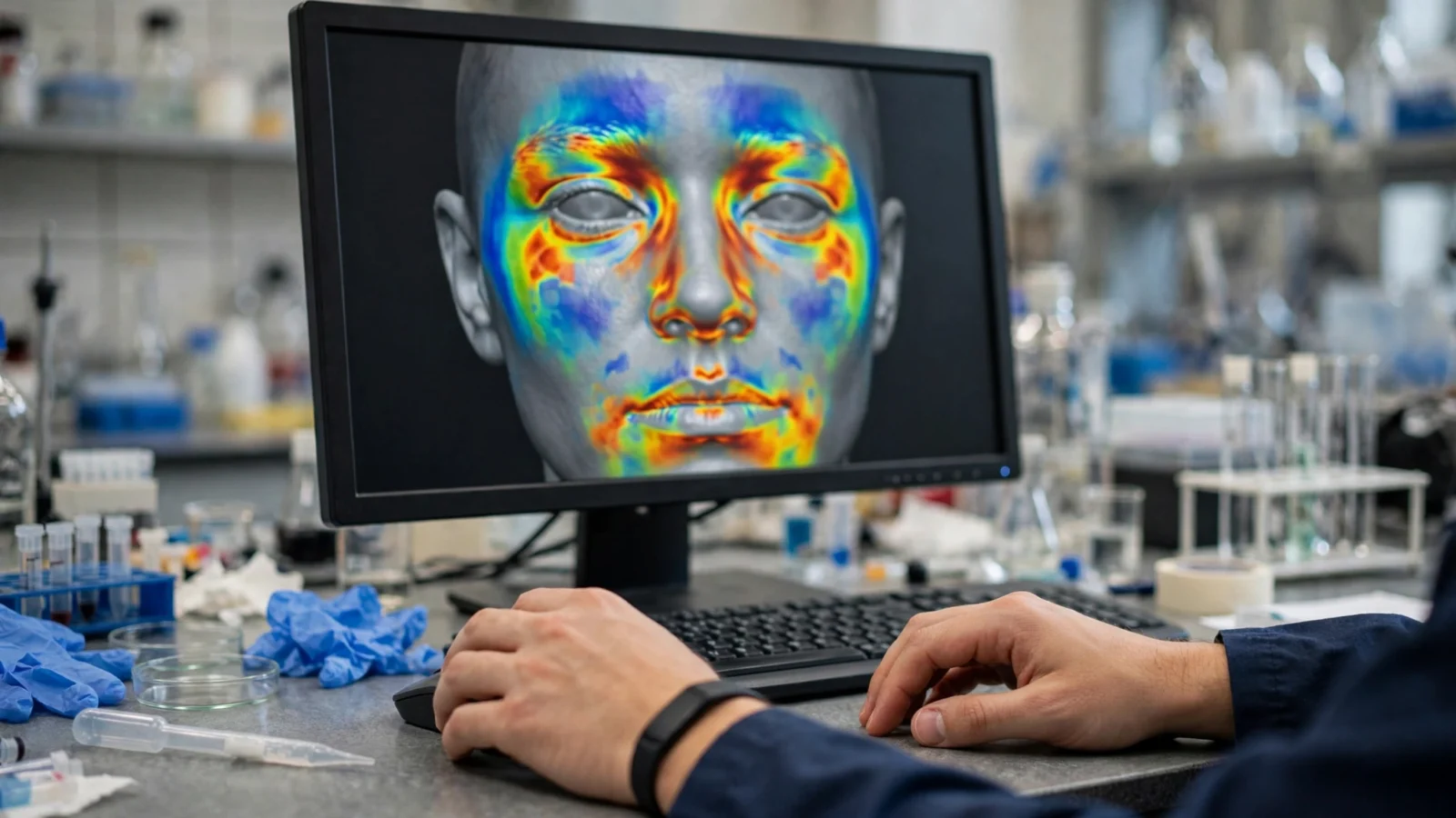 A computer monitor showing a face with a colored heatmap overlay used to visualize analysis areas, with a researcher's hands on the keyboard.