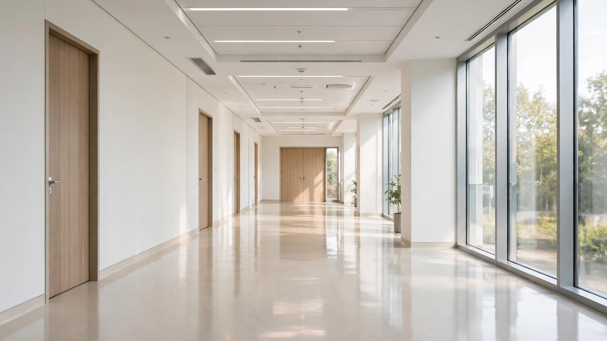 A bright, empty modern hospital corridor with windows and polished floors.