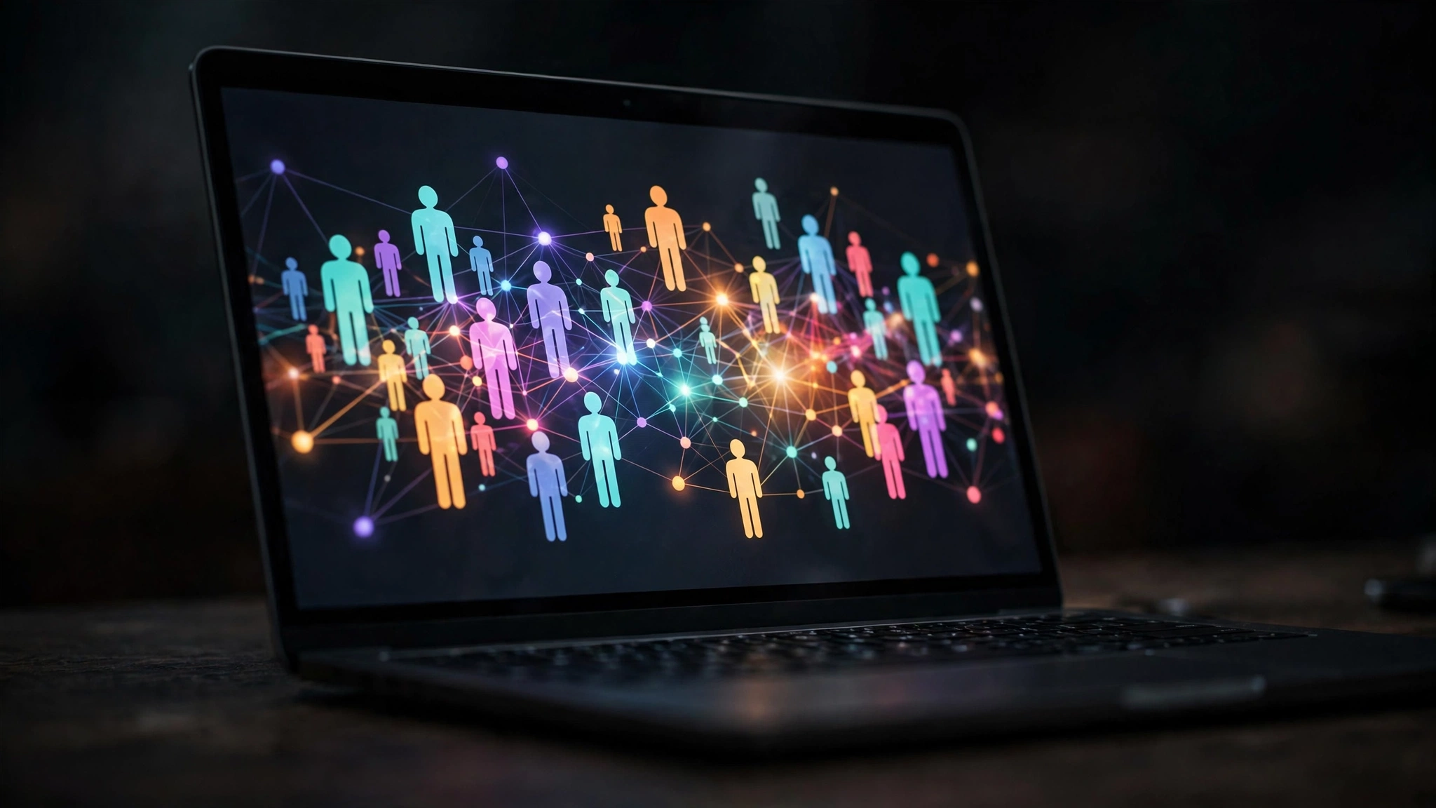 A laptop screen showing an abstract data graphic with colorful human silhouette icons.