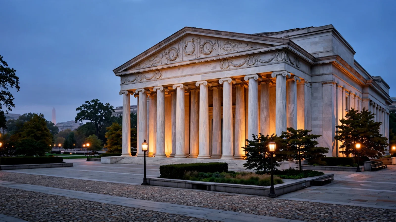 A neoclassical building with illuminated stone columns at dusk in Washington, DC.