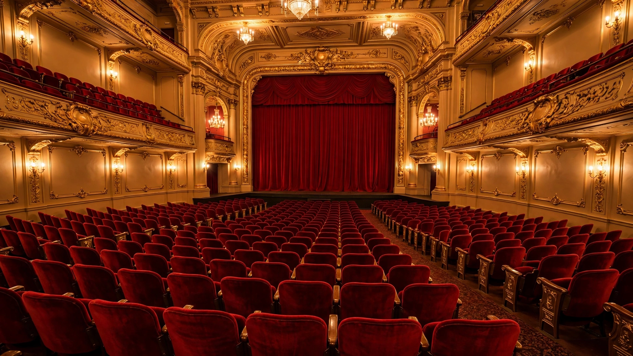 The ornate interior of an empty theater auditorium with red seats and a closed red curtain.