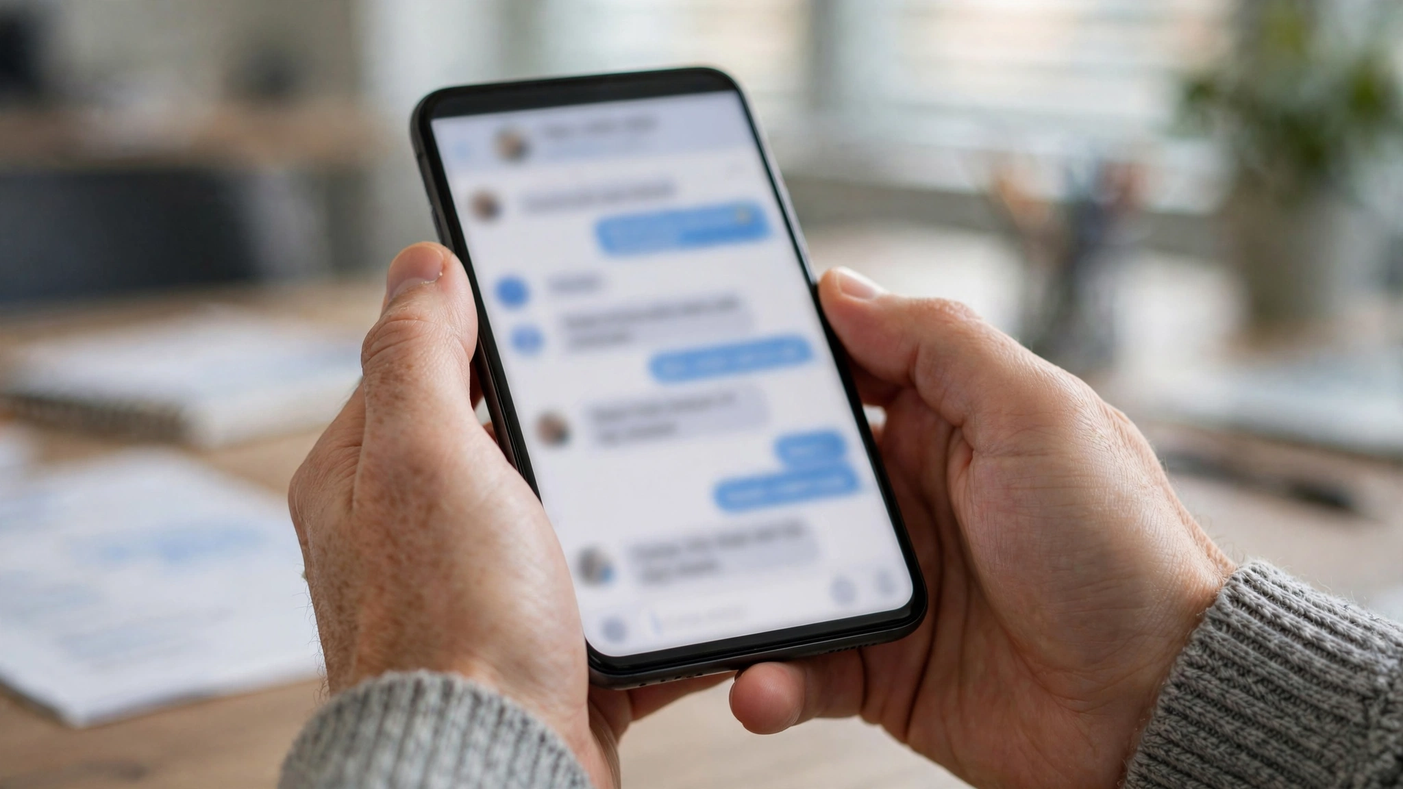 A person's hands holding a smartphone showing a blurred messaging app conversation.
