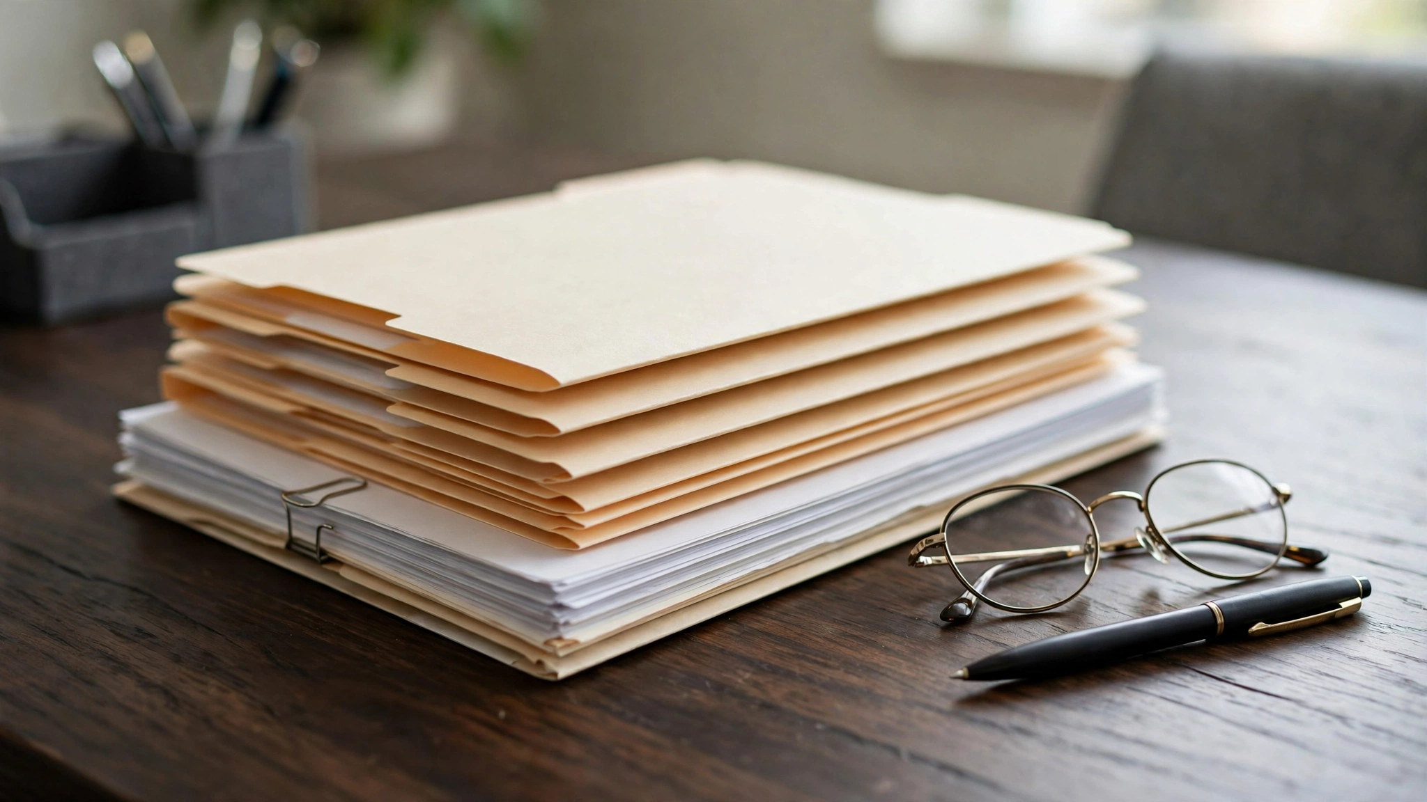 A stack of legal documents and folders with reading glasses and a pen on a wooden desk.