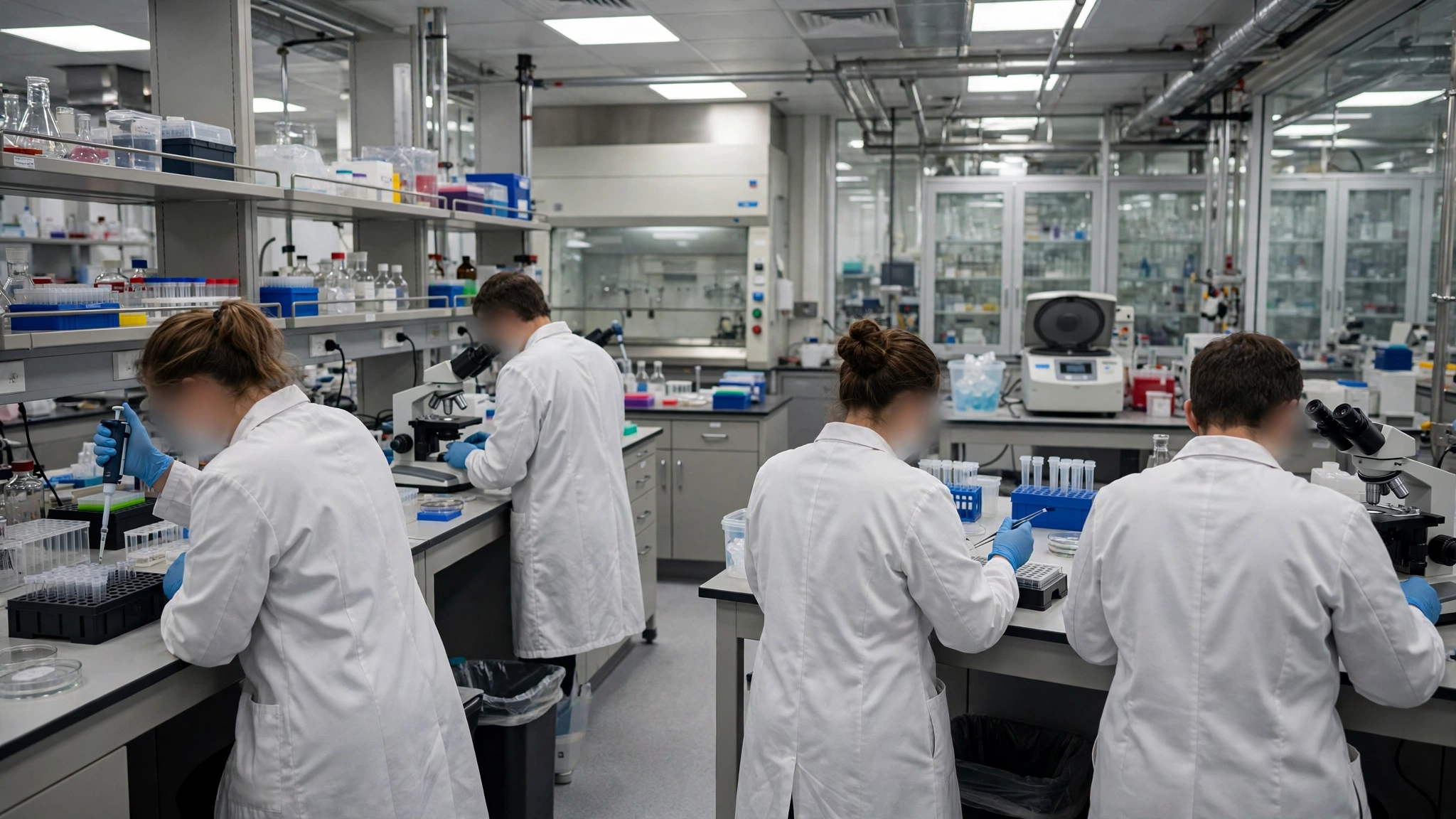 Scientists in white coats working at benches inside a biomedical research laboratory