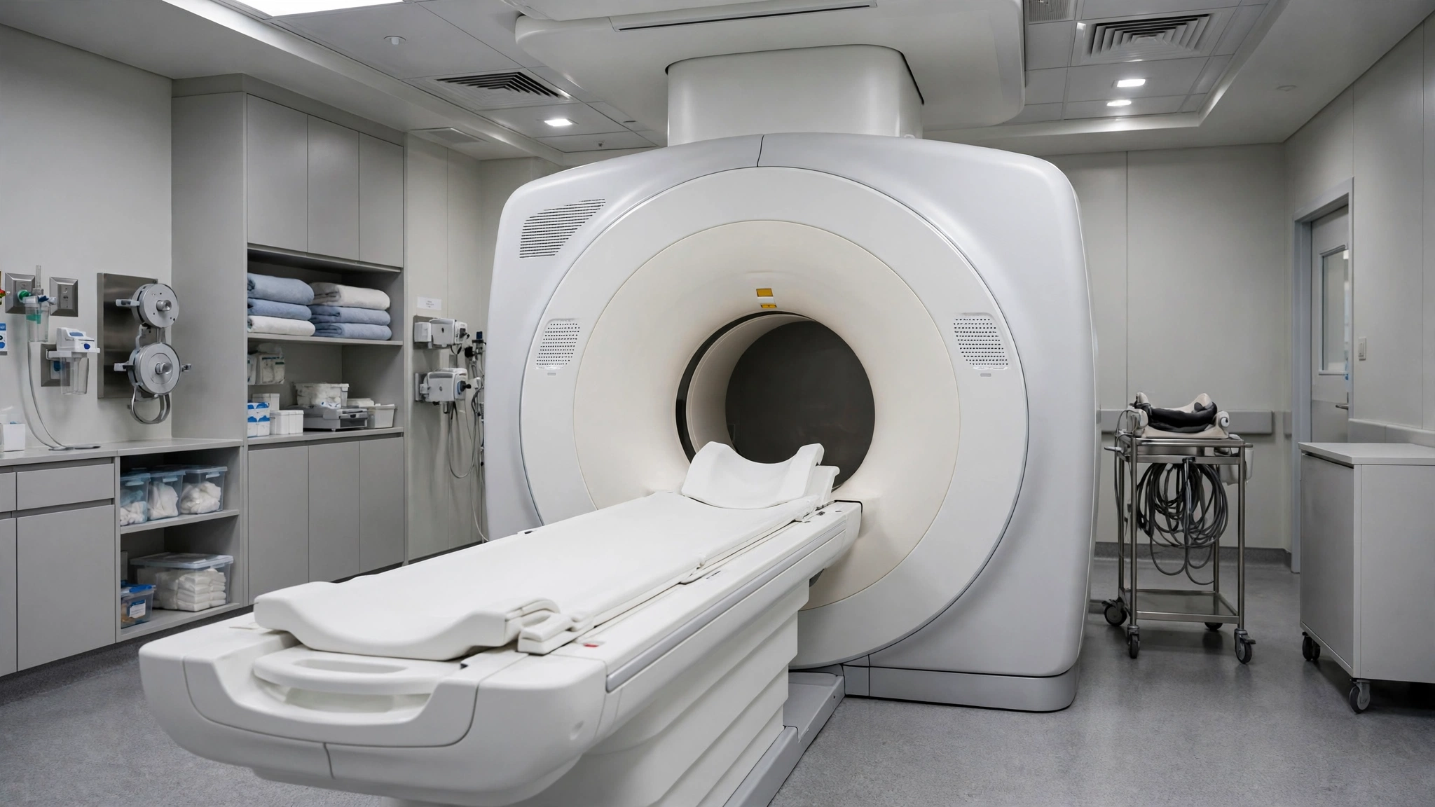 An MRI scanner inside a clean hospital imaging room