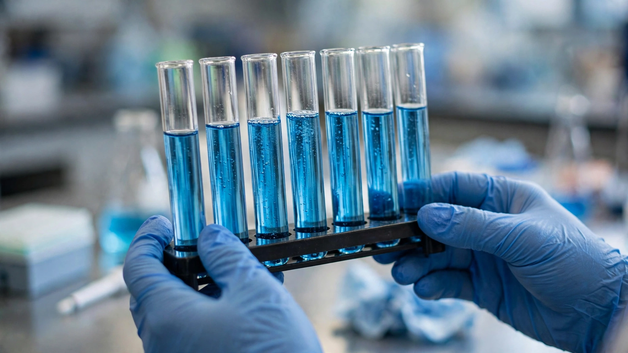 Gloved hands holding a rack of glass test tubes filled with blue liquid