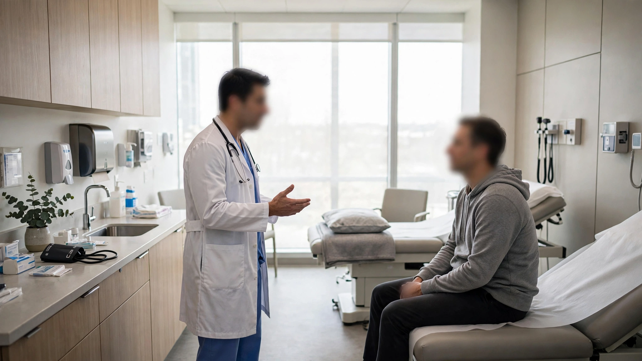 A doctor in a white coat talking with a patient seated in a bright clinic exam room