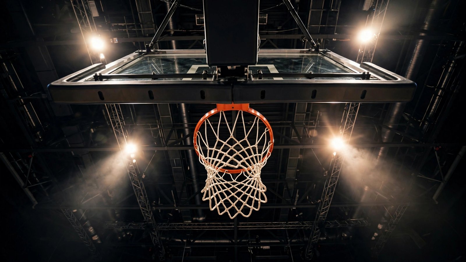 A basketball hoop and net photographed from below in a dark arena