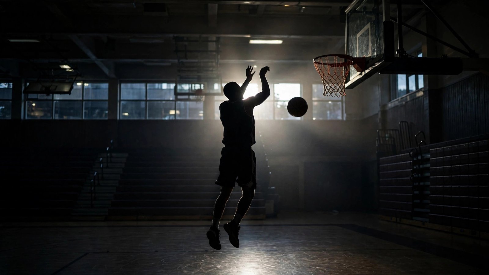 A silhouetted basketball player taking a jump shot in a dimly lit gym