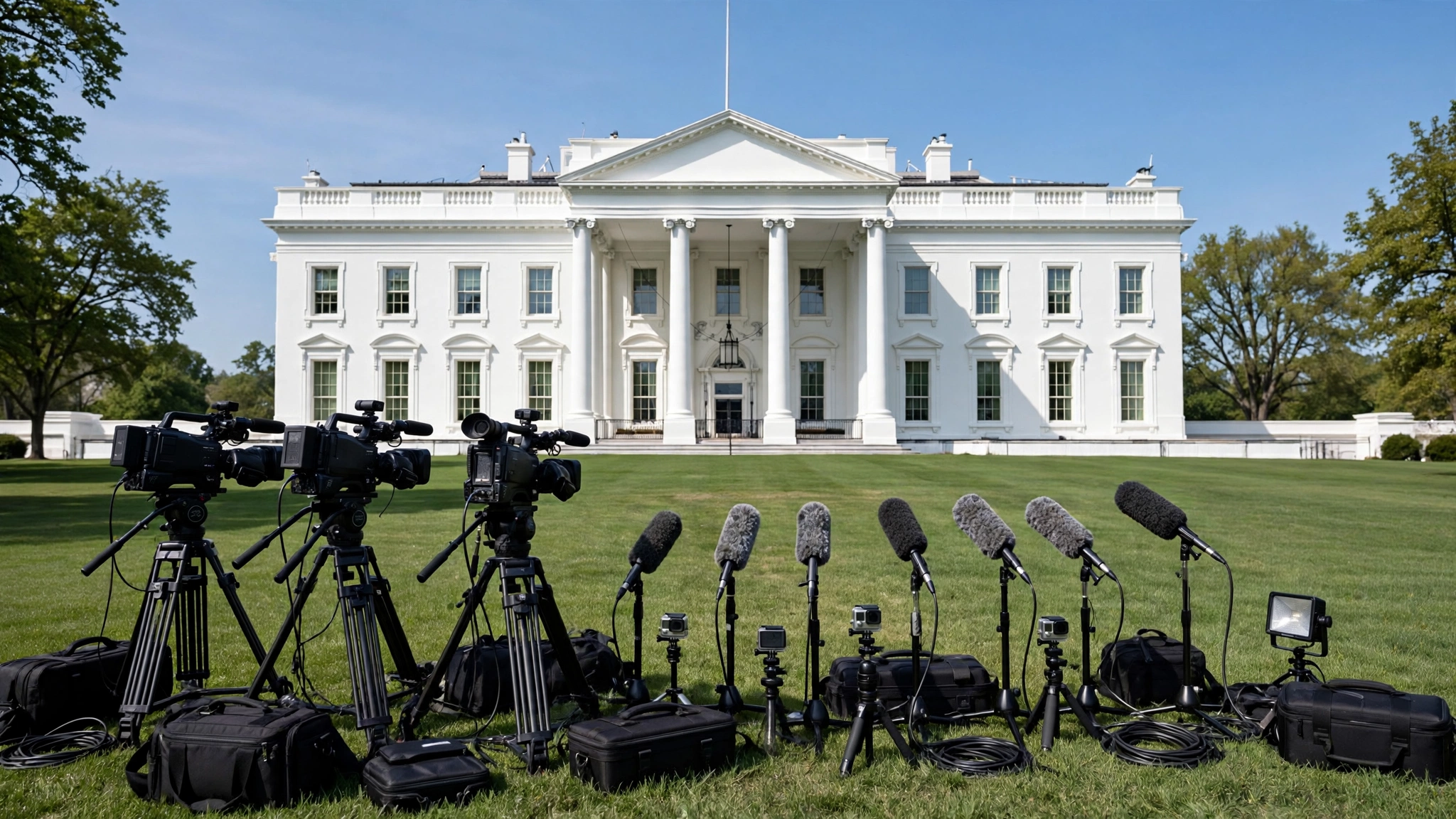 The White House in Washington D.C. with television cameras and microphones set up on the lawn