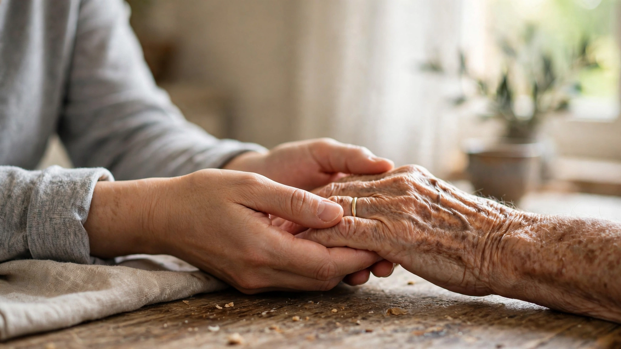 A home caregiver's hands resting over an elderly person's hands at a table in a home