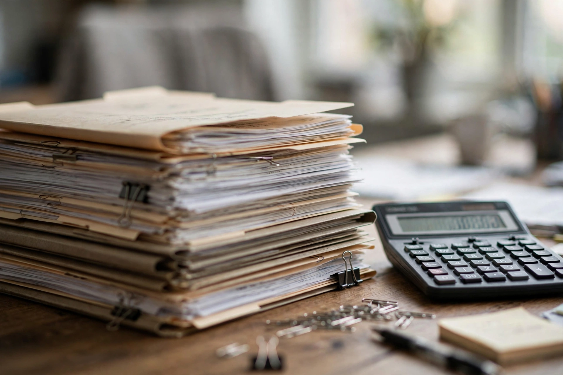 Stacks of billing paperwork in folders beside a calculator on a desk