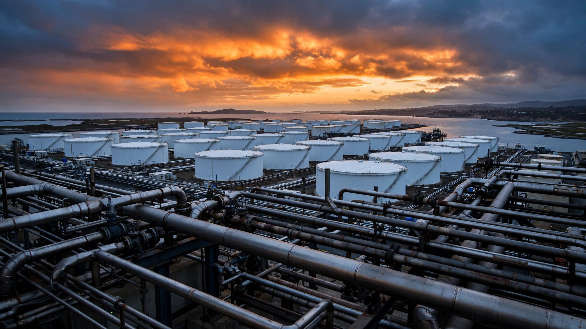 Rows of white crude oil storage tanks at a coastal terminal at dusk