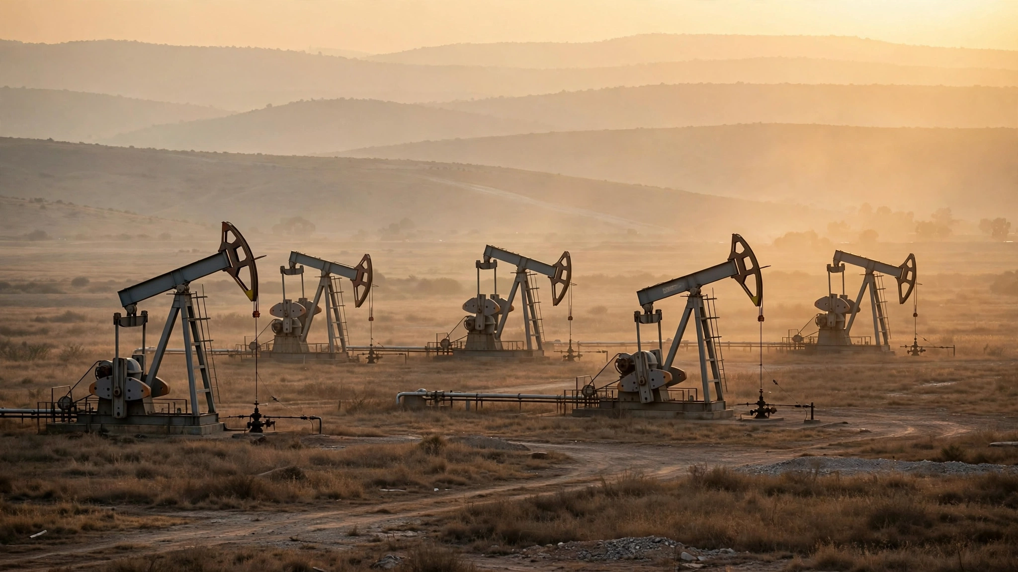 Oil pumpjacks operating in a hazy field at golden hour