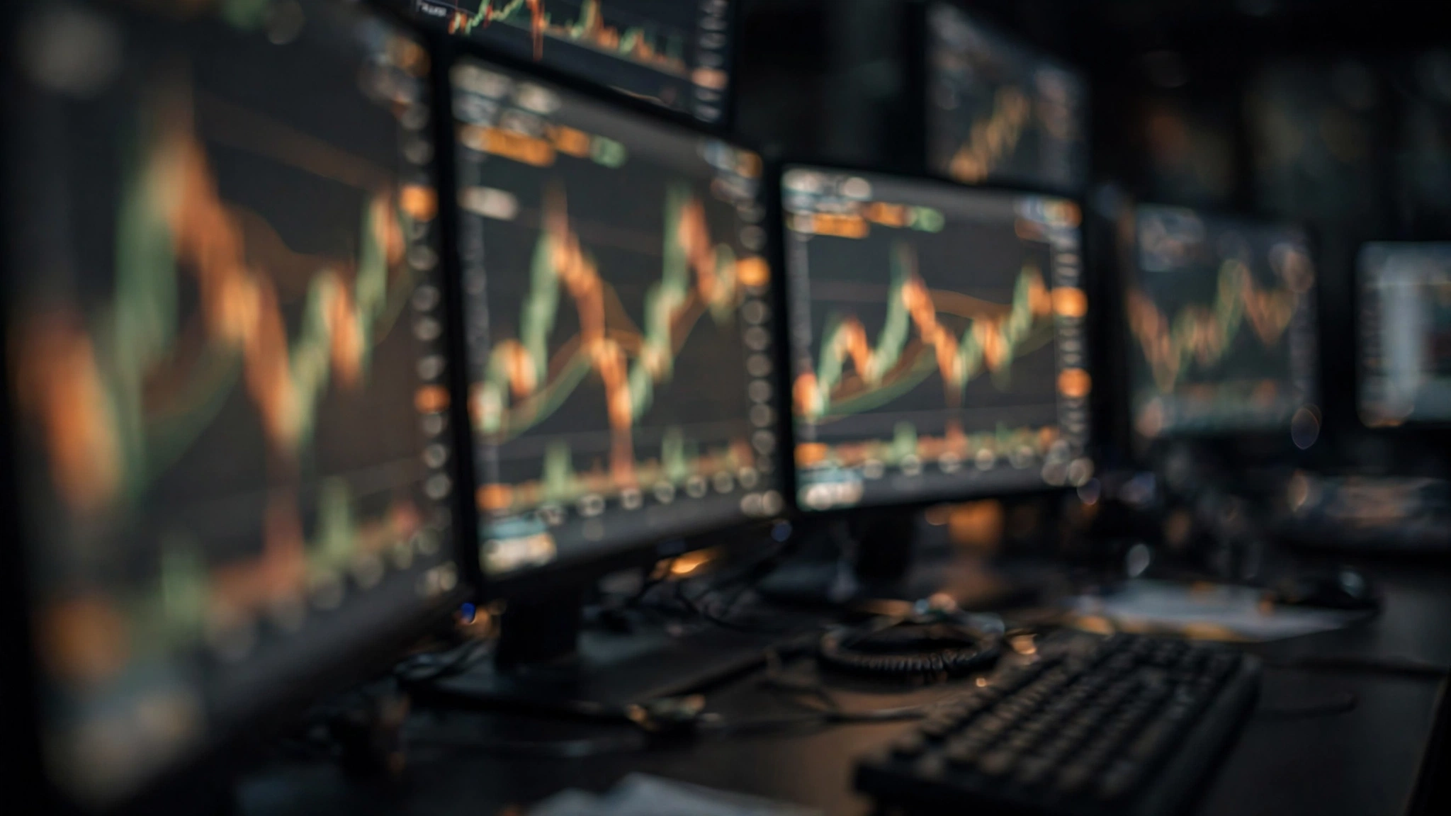 Blurred commodity trading screens showing energy price charts in a dark trading room