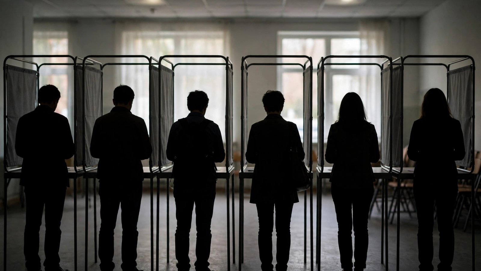 Silhouetted voters standing at privacy booths inside a polling place