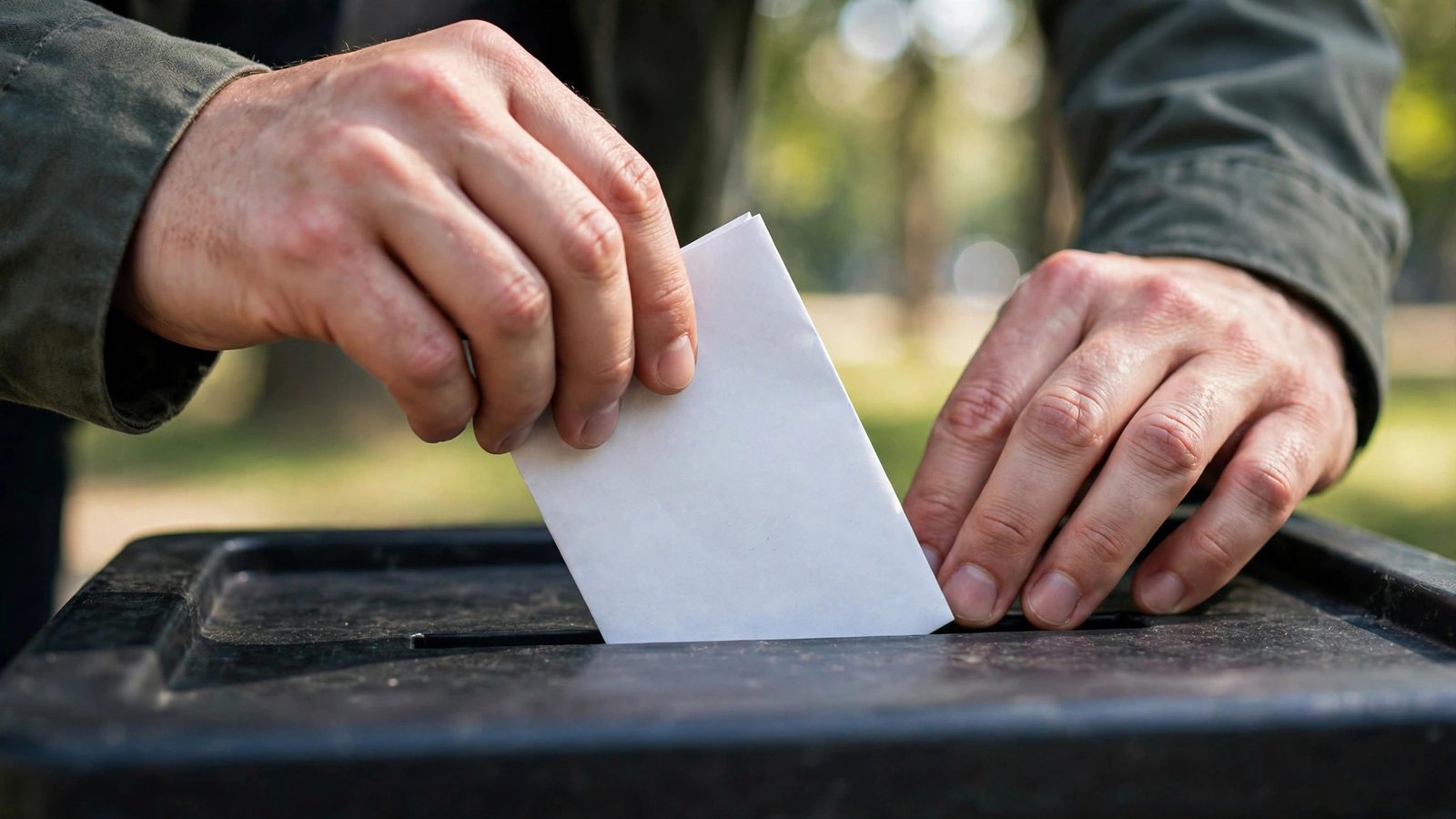 A person's hands dropping a paper ballot into a ballot box