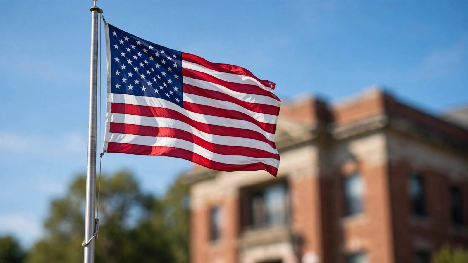 An American flag waving on a flagpole in front of a brick municipal building
