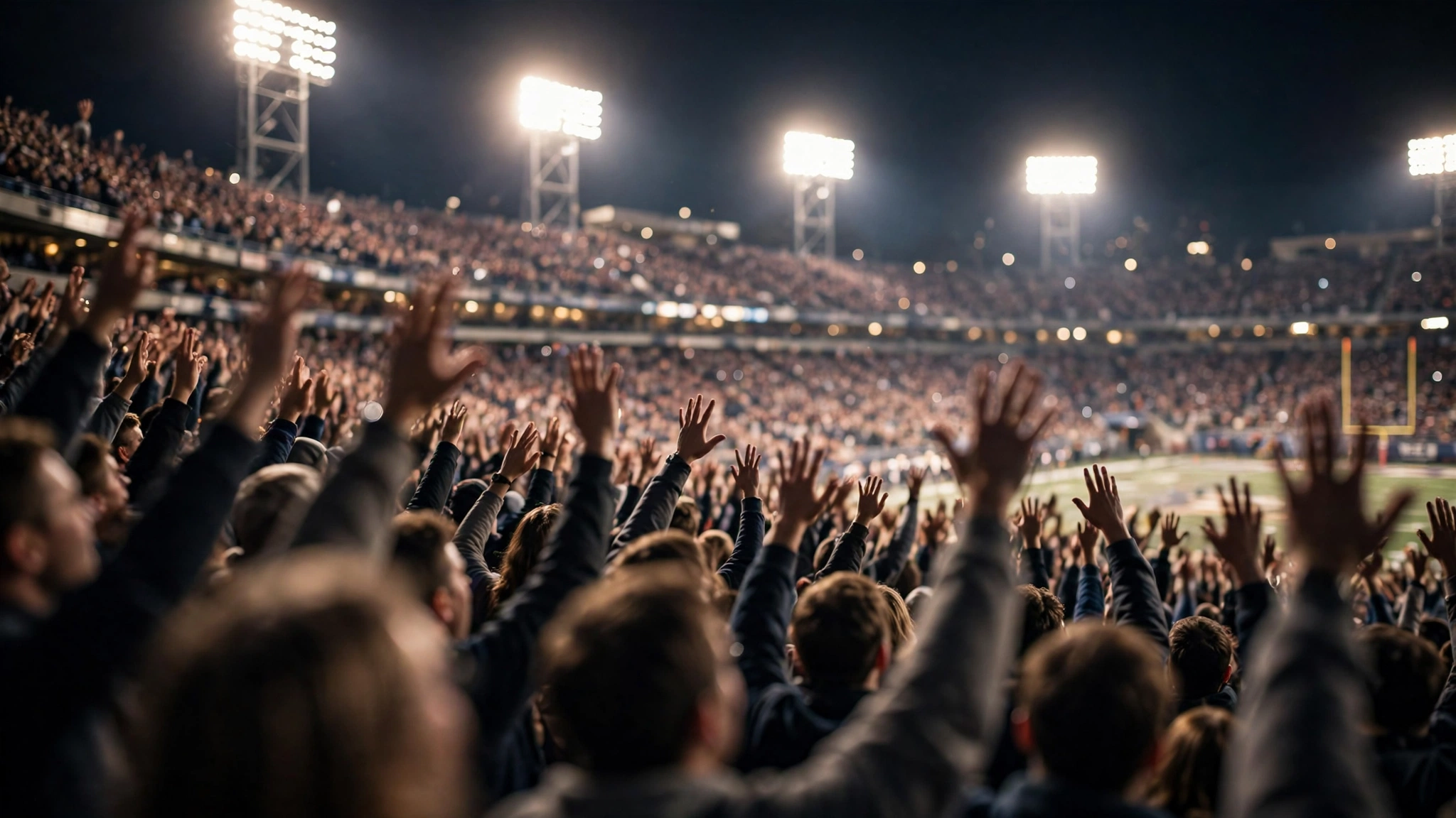 Football stadium crowd with raised hands under floodlights at night