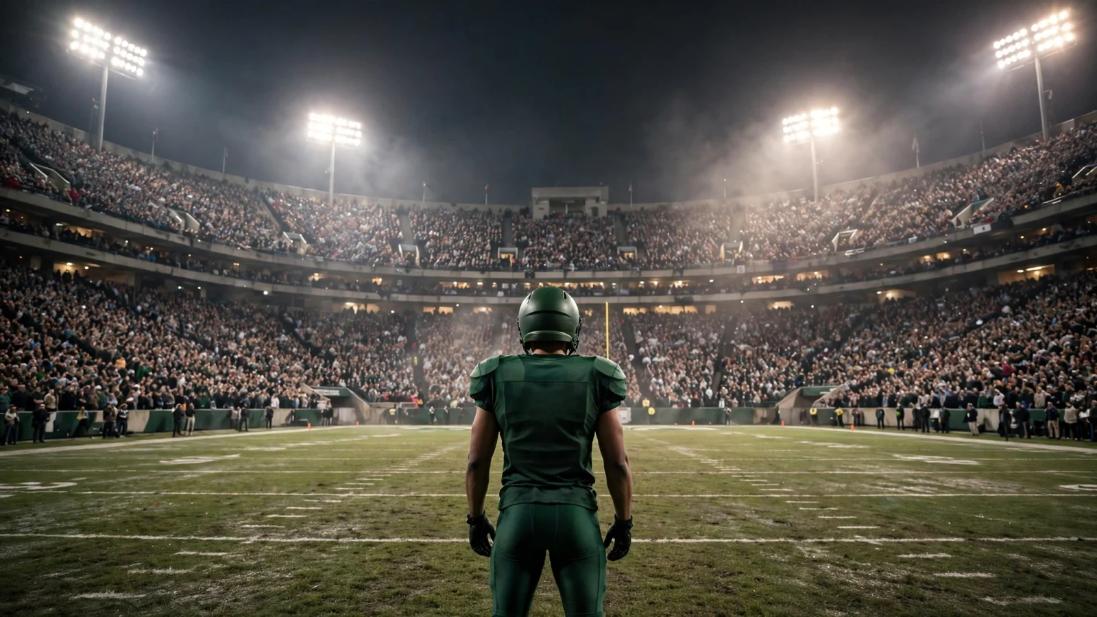 A football player in a plain dark-green uniform seen from behind on a floodlit stadium field at night