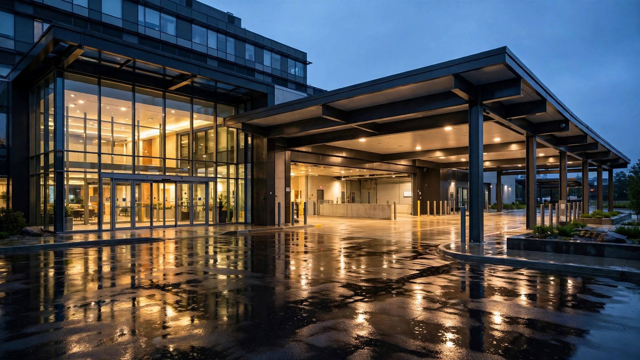 Modern hospital entrance with a glass facade glowing at dusk