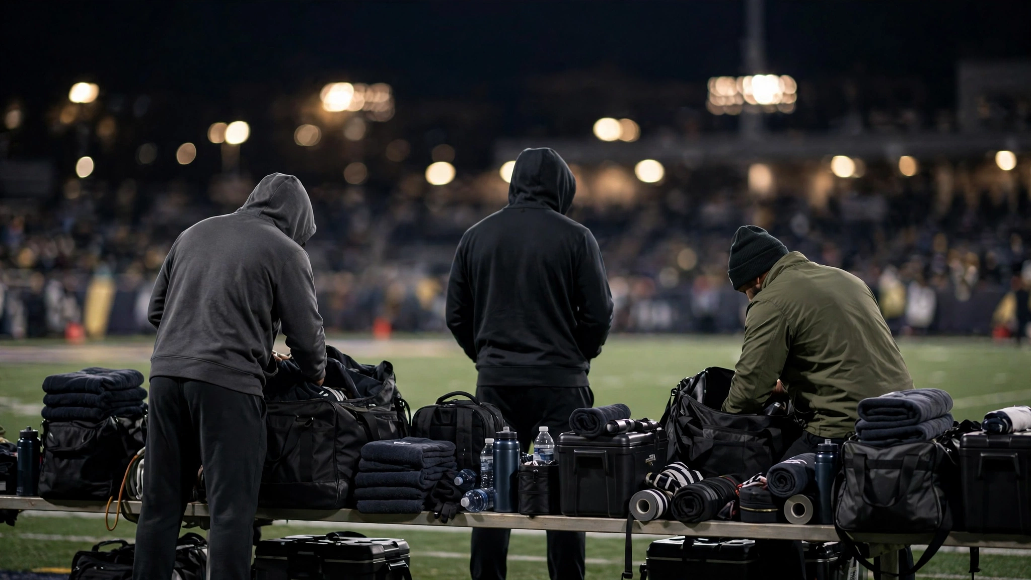 Athletic staff with equipment bags on a bench along a football sideline at night