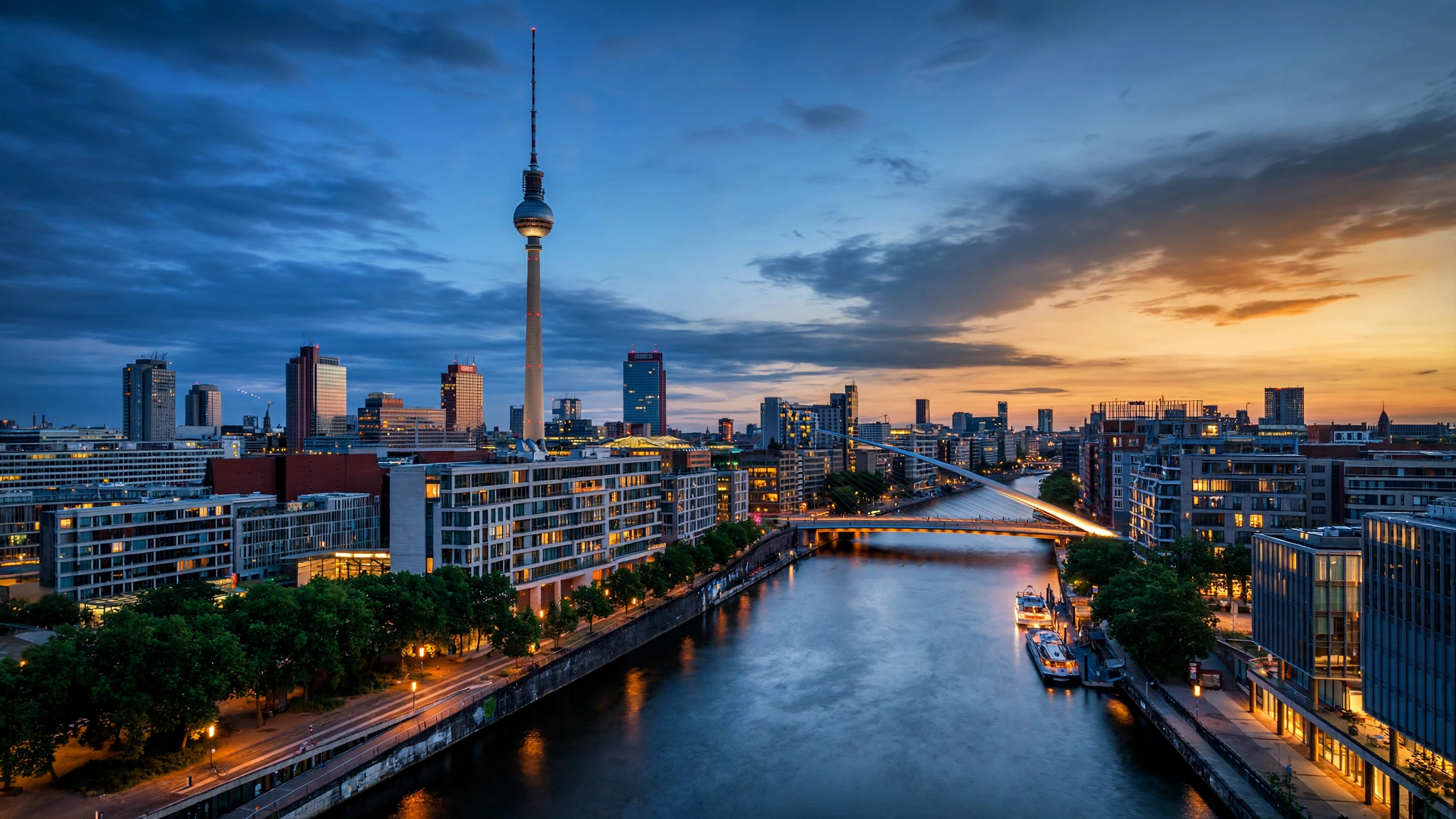 Berlin skyline at dusk with the television tower rising above a river