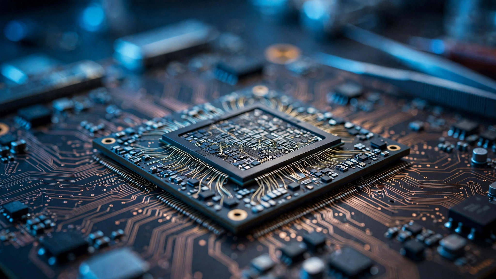 Close-up of a computer processor chip mounted on a circuit board with copper traces