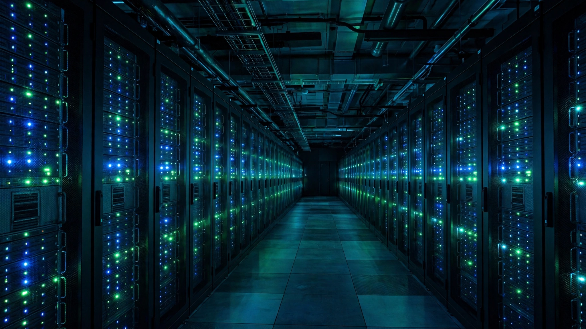 Rows of server racks with glowing blue and green lights inside a data center