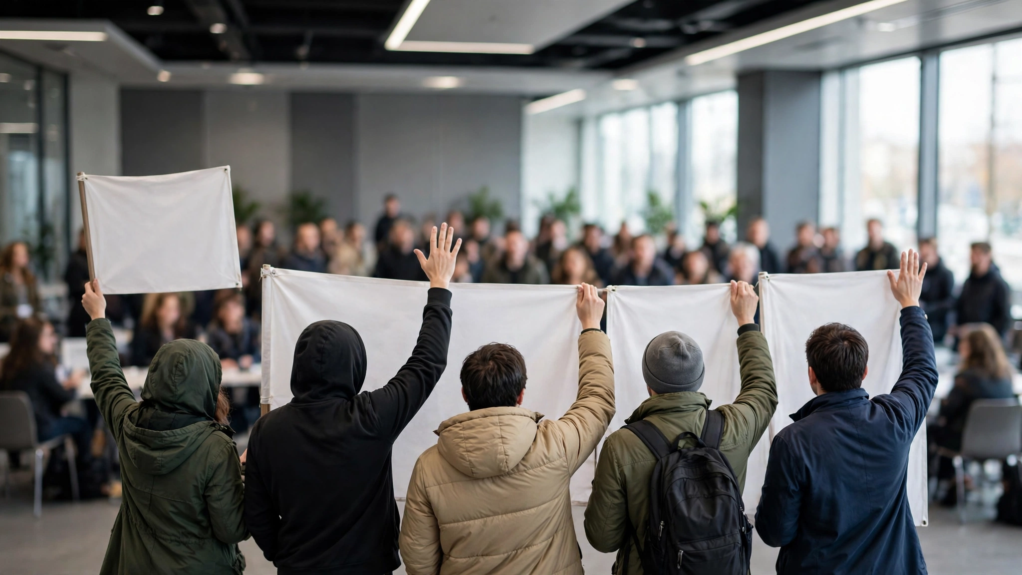 Protesters holding blank white banners inside a modern conference hall, seen from behind