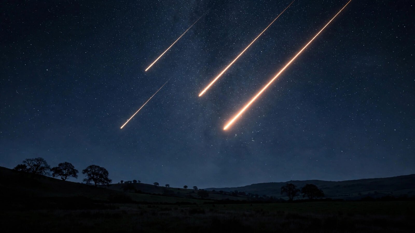 Several bright meteors streaking across a star-filled night sky above dark silhouetted hills