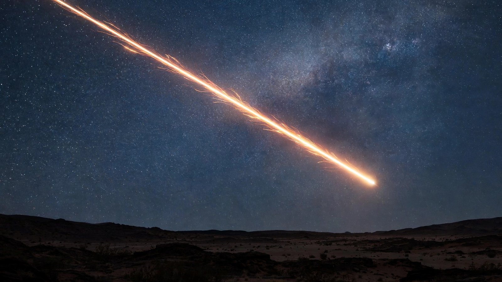 An exceptionally bright fireball meteor with a glowing trail crossing a dense star field above a desert plain
