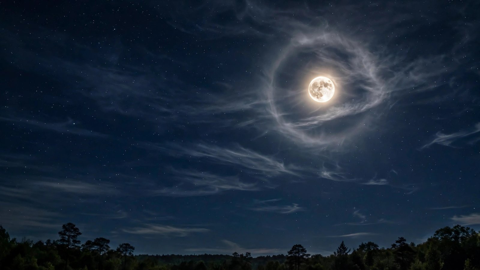 A bright waxing gibbous moon glowing behind thin wispy clouds in a starry night sky over a tree line